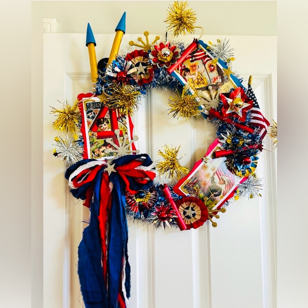 Vintage Repurposed 4th of July Festive Holiday Wreath